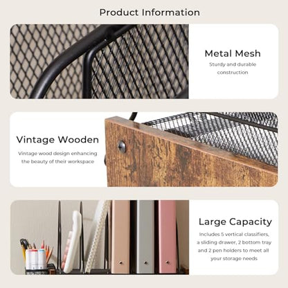 4-Tier Desk Organizer with Drawer, Wooden Mesh File Organizer with 5 Vertical Sorters & 2 Pen Holders, Multi-Functional Desktop Organizer for Home, Office & School