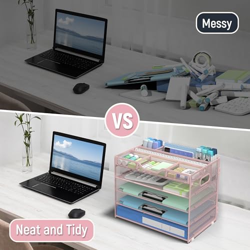 Docnest 5 Tier Mesh Desk Organizer with Removable Tray&Pen Holder, Pink - color: Pink, size: 12.6"x9.1"x10.3"