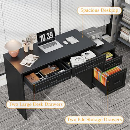 Vabches 61" Farmhouse Computer Desk with Storage and File Drawer, Black | Executive Desks with Printer Stand, Rustic Large Home Writing Desk for Home Office - color: Black