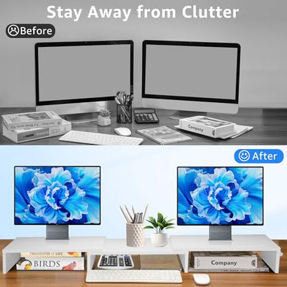 La Jaco Dual Monitor Stand Riser for 2 Monitors, Monitor Stand for Desk, Adjustable Length & Swivel Angle Wooden Desktop Organizer Stand Riser with Smartphone Holder for PC Monitor Laptop, White