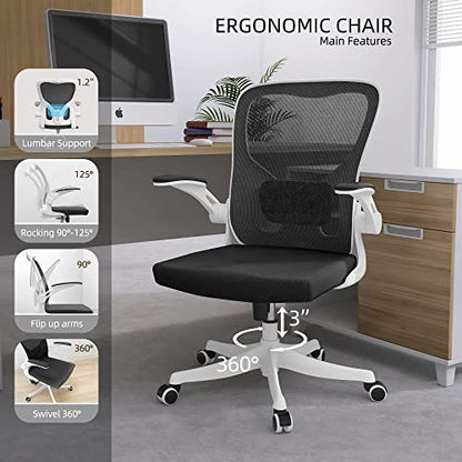 Monhey Office Chair - Ergonomic Office Chair with Lumbar Support & Flip Up Arms Home Office Desk Chairs Rockable High Back Swivel Computer Chair White Frame & Black Mesh Study Chair - color: White+black
