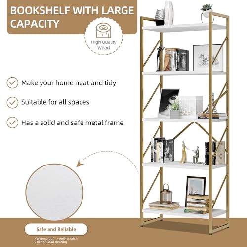 Vongrasig 5 Tier Metal Bookshelf, Narrow Industrial Bookcase, White+Gold - color: White Gold