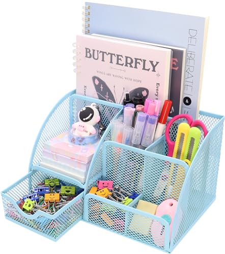 Boutilon Mesh Desk Organizer Desktop Office Supplies Stationary Organizer with 6 Compartments and 1 Drawer Multi-Functional Caddy Pen Holder for Home Office School Desk Decor(Light Blue) - color: Light Blue