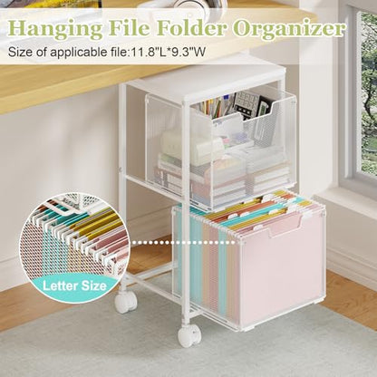 Rolling File Cart with 2 Storage Drawers,Under Desk Storage Cart,Hanging File Folder Organizer with Wheels, Filing Cabinet Mobile Printer Stand Utility Craft Cart for Home Office,White
