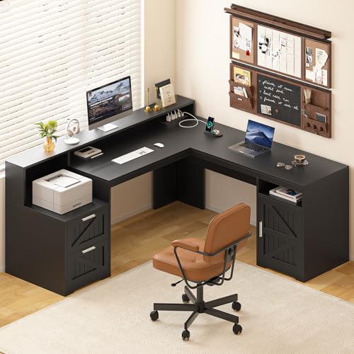 63" Farmhouse L Shaped Desk with Drawers & Printer Shelf for Home Office | Corner Computer Desk with Storage, Power Outlets, L Shaped Executive Desk with Monitor Stand, Printer Shelf, Black - color: Black