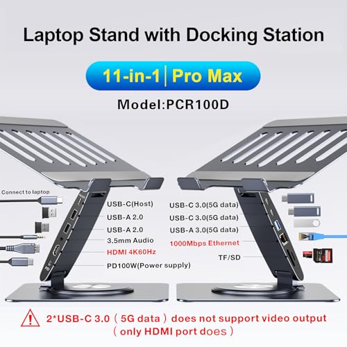 Laptop Docking Station for MacBook Pro/Air/Dell/HP/Surface HC 11-in-1 USB C Hub 360°Rotatable Laptop Stand with USB Hub 4K HDMI USB 3.0 PD100W 3.5mm Audio Jack RJ 45 TF/SD Reader Universal Laptop Dock - color: For Laptop 7-15.6 inches 11-in-1 Pro Max