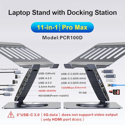 Laptop Docking Station for MacBook Pro/Air/Dell/HP/Surface HC 11-in-1 USB C Hub 360°Rotatable Laptop Stand with USB Hub 4K HDMI USB 3.0 PD100W 3.5mm Audio Jack RJ 45 TF/SD Reader Universal Laptop Dock - color: For Laptop 7-15.6 inches 11-in-1 Pro Max