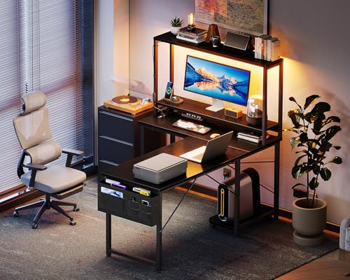 AODK L Shaped Desk Gaming Desk with LED Light & Power Outlet - color: Black, size: 43 Inch
