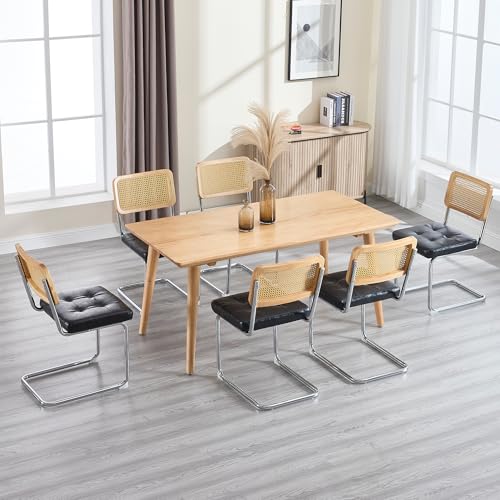 KCC Modern Dining Chairs Set of 6, Faux Leather Rattan Chair,Black | Mid Century Kitchen Side Chairs with Metal Legs and Upholstered Seat for Dining Room,Living Room,Bedroom,Silver Legs - color: Black+silver Legs, size: Set of 6