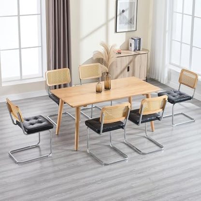 KCC Modern Dining Chairs Set of 6, Faux Leather Rattan Chair,Black | Mid Century Kitchen Side Chairs with Metal Legs and Upholstered Seat for Dining Room,Living Room,Bedroom,Silver Legs - color: Black+silver Legs, size: Set of 6