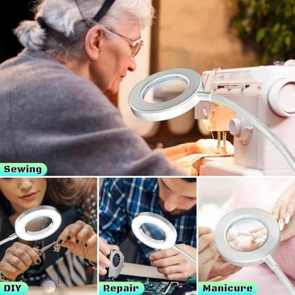 10X Magnifying Glass with Light and Stand,Hands Free Clip on Magnifier Lamp - color: Gray