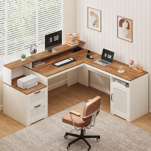 YOMILUVE 63" Farmhouse L Shaped Executive Desk with Drawers & Storage Shelf, Corner Fluted Computer Desk with Power Outlets, L Shaped Office Desk with Monitor Stand, Printer Shelf - color: Brown and White