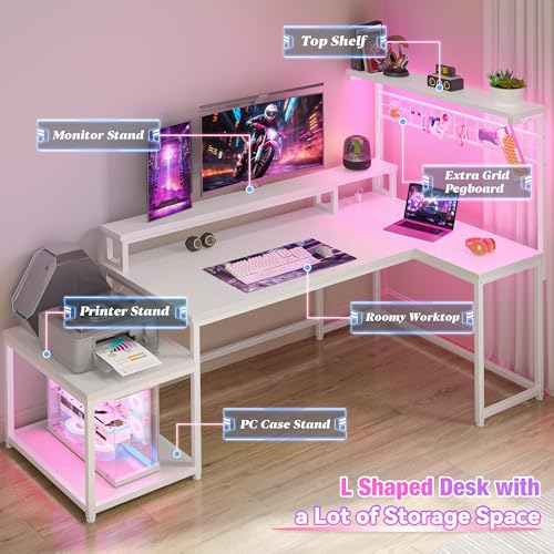 EnHomee 63" L Shaped Gaming Desk with LED Lights & Power Outlets,White - color: White, size: 63"W