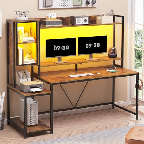 SEDETA 60'' Gaming Desk with Storage, Hutch, Display Cabinet and LED Lights - color: Rustic Brown
