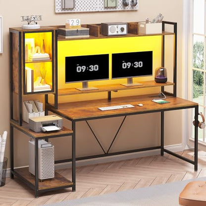 SEDETA 60'' Gaming Desk with Storage, Hutch, Display Cabinet and LED Lights - color: Rustic Brown
