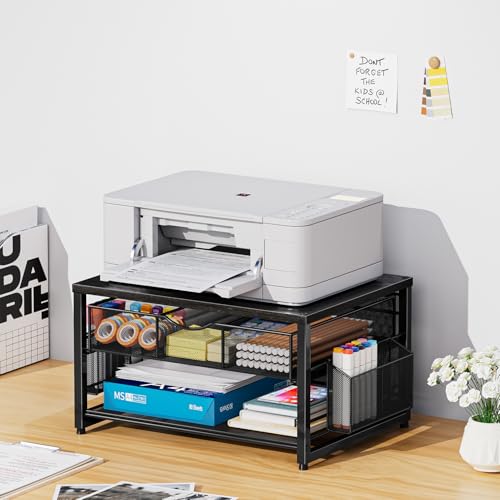 Marbrasse Wood Printer Stand for Desk, 2-Tier Desktop Printer Table for Home Office, Printer Stand with Storage Drawer 2 Pen Holders, Multi-Purpose Desk Organizer for Fax Machine Scanner (Wood Black) - color: Wood Black