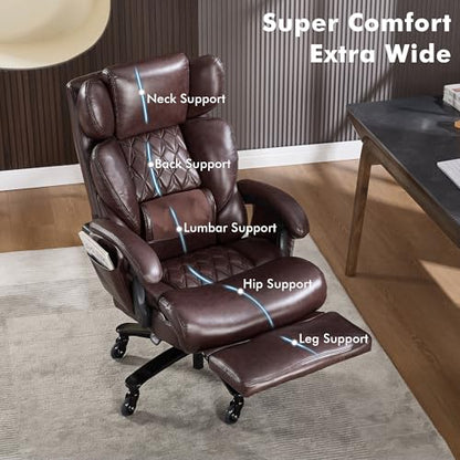Big and Tall Ergonomic Massage Office Chair with Footrest, PU Leather Brown | 3 Removable Cushions, Heat Vibration Massage, Lumbar Support, High Back Reclining 105°-160°, 2 Pockets, Silent Wheels, 500LBS - color: Brown