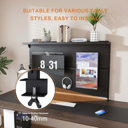Metal Pegboard Desk Organizer with Dual Monitor Stand, 59x35 Inch Clamp-On Privacy Panel, Carbon Steel Gaming Desk Wall Organizer with 3 Accessories, Black Office Desk Storage System