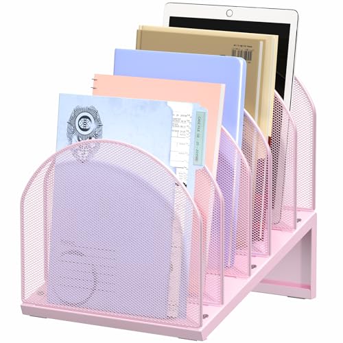 5-Section Desk File Organizer | Metal Mesh Folder Organizer for Documents, Mail & Office Papers (Pink) - color: Pink