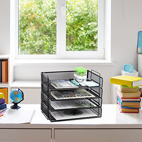 4 Pack Stackable Desk Paper Tray, Metal Mesh Desktop Document Letter File Organizer for Office Home School, 13.5'' L x 9.75'' W x 11'' H, Black - color: 4 Pack Black