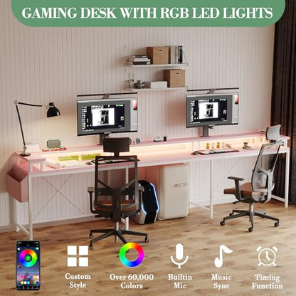 IDEALHOUSE U Shaped Home Office Desk, Reversible L Shaped Gaming Computer Desk with Power Outlets,126 Inch Computer Desk with Monitor Stand and LED Lights,Storage Shelves,Storage Bag and Hooks（Pink） - color: Pink