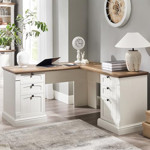 OKD 60" L Shaped Executive Desk, Farmhouse Desk with Drawers,Antique White - color: Antique White