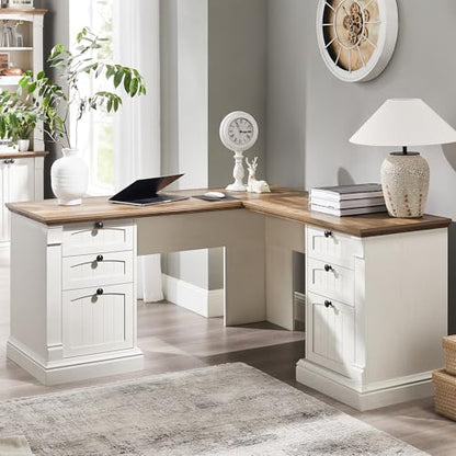 OKD 60" L Shaped Executive Desk, Farmhouse Desk with Drawers,Antique White - color: Antique White