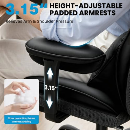 ALLGOD Office Desk Chair, Big and Tall Executive Chair with Lumbar Support, High Back Computer Gaming Chair, PU Leather with Pocket Spring Cushion, Adjustable Armrests and Footrest, Black - color: Black