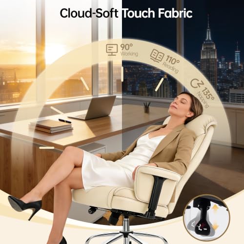 Big and Tall Office Chair - Executive High Back Leather Office Desk Chair with Adjustable Lumbar Support - Ergonomic Comfortable Heavy Duty Computer Gaming Chair with Padded Arms & Wide Seat - color: Beige