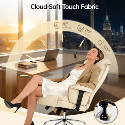 Big and Tall Office Chair - Executive High Back Leather Office Desk Chair with Adjustable Lumbar Support - Ergonomic Comfortable Heavy Duty Computer Gaming Chair with Padded Arms & Wide Seat - color: Beige