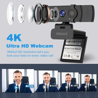 4K Webcam for PC, UHD Video Calling, PDAF AutoFocus, Dual Noise-Canceling Microphones, 70° FOV, 1080P@60FPS, Privacy Cover, USB Plug&Play, Works with Teams, Zoom, OBS, Skype