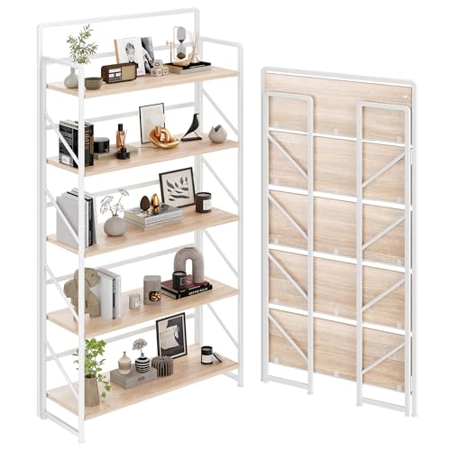 JSB Folding Bookshelf,Industrial Storage Shelves, No Assembly Vintage Wood Look Bookshelf with Storage Shelves for Living Room, Bedroom, Office (White, Wide 5-Tier) - color: White, size: Wide 5-Tier