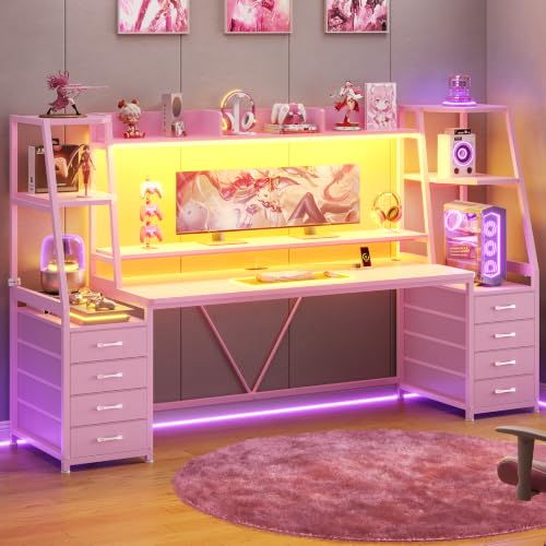 SEDETA 79'' Gaming Desk with LED Lights,8 Drawers and Storage Shelves, Pink - color: Pink With Drawers, size: 78.8 inches