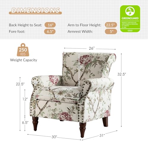 HULALA HOME Traditional Floral Accent Chair with Wood Legs, Black | Comfy Upholstered Armchair Reading Chair with Rolled Armrests, Nailhead Trim, Removable Cushion, for Living Room Bedroom - color: Floral