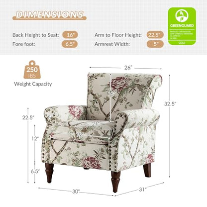 HULALA HOME Traditional Floral Accent Chair with Wood Legs, Black | Comfy Upholstered Armchair Reading Chair with Rolled Armrests, Nailhead Trim, Removable Cushion, for Living Room Bedroom - color: Floral
