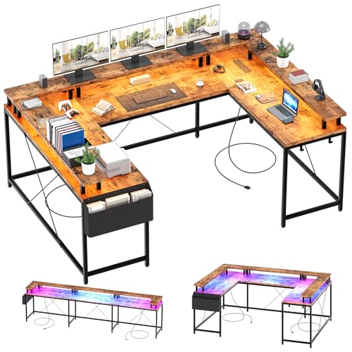 Jojoka U Shaped Computer Gaming Desk, Reversible L Shaped Desk with Power Outlets, LED Strip & Monitor Stand, Large Corner Desk with Storage Shelves for Home Office, Rustic Brown - color: Rustic Brown