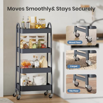 DUMOS 4 Tiers Rolling Utility Cart, Storage Organizer, Shelving Unit | Metal, Lockable Wheels, Mobile, Kitchen, Bathroom, Laundry, Narrow Places, Gray - color: 4-tier Deep Gray