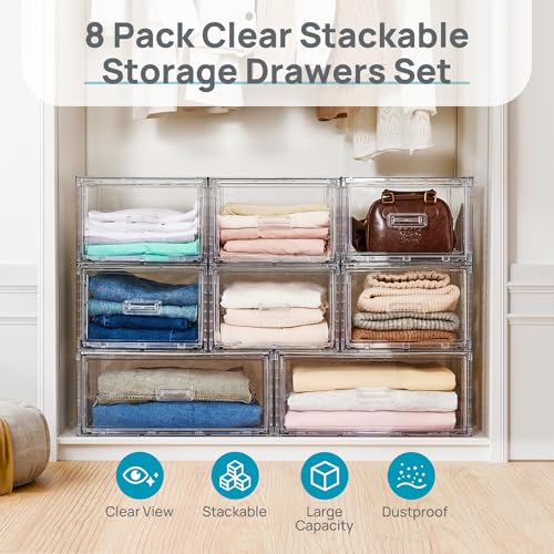 Vtopmart 8 Pack Large & Medium Stackable Storage Drawers Set | Easy Assembly Clear Plastic Storage Cabinet, Durable Dresser for Closet, Bedroom, Entryway, Playroom & Apartment Organization - style: 2pk L & 6pk M