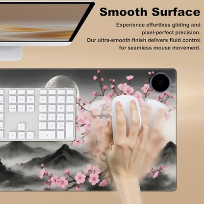 Heated Desk Pad 23.6" x 14.2" 3 Large Heated Mouse Pad with Heat Levels (40°C/45°C/50°C) & 3H Auto Shut-Off Desk Mat Fast Heating PU Leather Warmer Mousepad for Home Office - Cherry Blossom and Moon - color: Cherry Blossom and Moon, size: 23.6 x 14.2 inch