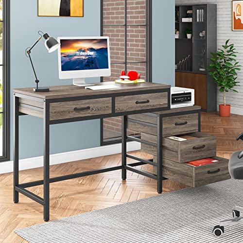 Little Tree 5 Drawers Computer Desk, Desk with Reversible File Drawer Cabinet for Home Office,Grey - color: Grey