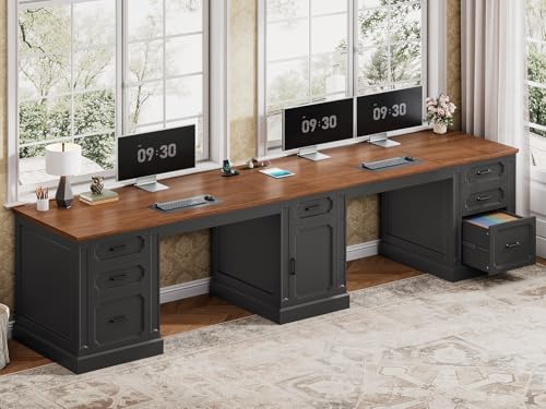 SEDETA Farmhouse 110.3" Two Person Desk with 7 Drawers, Long Computer Desk with Storage Cabinet, 2 Person Desk with Power Outlets for Home Office, Black+Brown - color: Black+brown, size: 110.3" Two Person Desk