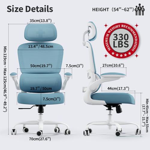 TRALT Office Chair Ergonomic Desk Chair - Gaming Chair with Lumbar Support | 330 LBS Home Office Desk Chairs with Headrest, Reading Chair with Flip-up Armrests, Comfortable Computer Chairs (1, Sky Blue) - color: Sky Blue