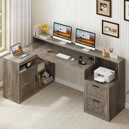 TVU Farmhouse L Shaped Desk with Drawers, 62.2" Home Office Desk with Storage Shelves and Power Outlet, L Shaped Computer Desk with Monitor Stand and Printer Shelf, Gray - color: Grey