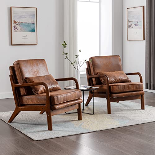 Mid Century Modern Accent Chair Set of 2 Living Room- Comfy Solid Wood Arm Chair with Lumber Pillow Lounge Decorative Brown Leather Office Side Chair Bedroom Reading Nook Sillas De Sala Microfiber - color: Coffee, size: Set of 2