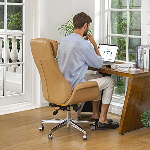 Glitzhome Adjustable High-Back Office Chair Executive Swivel Chair PU Leather Desk Chair, Camel - color: Camel