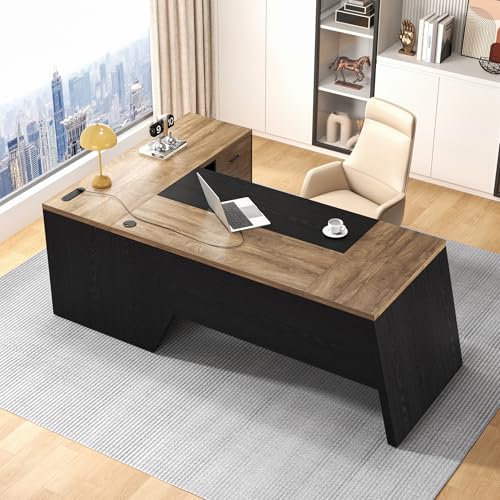 L-Shaped Executive Desk with Drawer, Oak Black | 78Inch Large Home Office Desk, Large Modern Home Office Desk, Big Wooden Business Furniture for CEO Boss - color: Oak