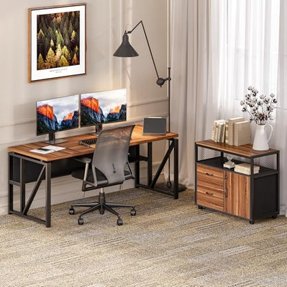 LITTLE TREE 63-Inch Office Desk with 31.5-Inch Lateral File Cabinet, Study Writing Desk Computer Desk for Home Office - color: Brown