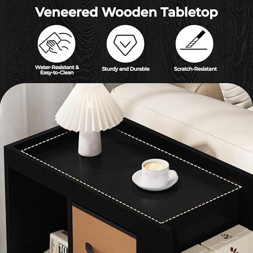Yaheetech Narrow End Table Storage Drawer Rolling Shelves, Black | Open Shelves | Magazine Rack | Rolling Wheels | Wooden Construction | Living Room & Bedroom - color: Black