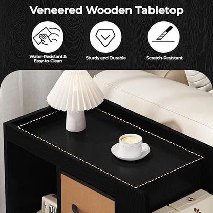 Yaheetech Narrow End Table Storage Drawer Rolling Shelves, Black | Open Shelves | Magazine Rack | Rolling Wheels | Wooden Construction | Living Room & Bedroom - color: Black