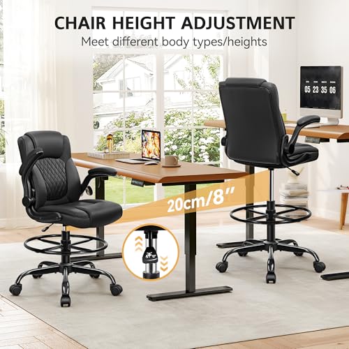 Drafting Chair, Tall Office Chair for Standing Desk, High Executive Leather Ergonomic Computer Chair with Adjustable Height and Flip-Up Armrest for Counter Height Desk, Black, Pack of 1 - color: Black